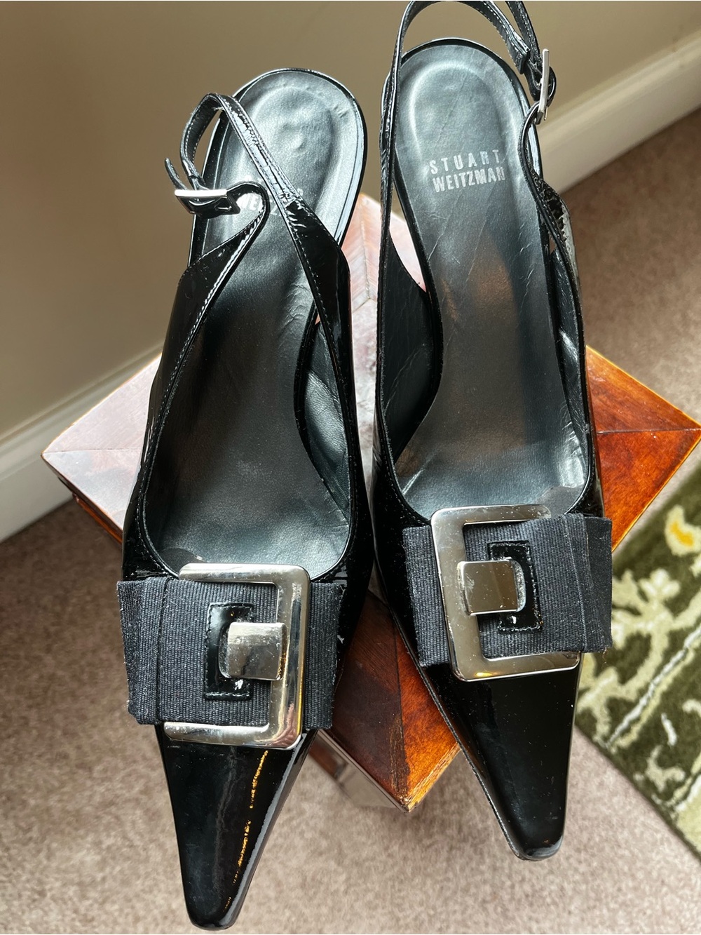 Stuart Weitzman Black Patent Pointed Slingback Heels with Silver Buckles